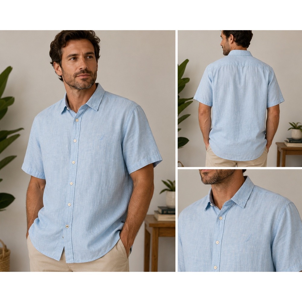 Nautica Men's XXL Light Blue Linen Short Sleeve Button Up Shirt Casual